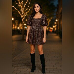 Anthropologie Moon River Copper Sequin Puff Sleeve Babydoll Mini Dress S NWT